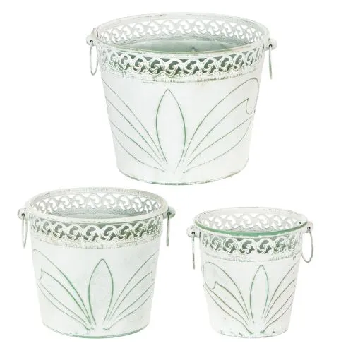 Blech-Kübel mit Prägung, Pflanzgefäß mit Henkeln Weiß, Grün Shabby Chic H22/19,5/17,5cm Ø25,5/20,5/15,5cm 3er-Set | Floristik21.de