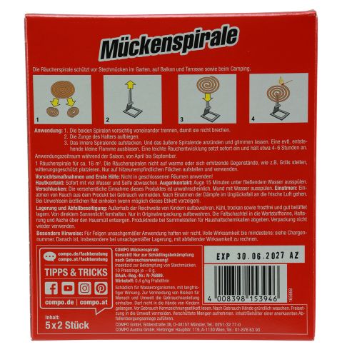 Floristik21 Compo Mückenspirale Mückenschutz Terrasse und Camping 10St
