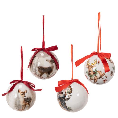 Weihnachtskugeln Kunststoff Hirschmotiv 7cm Rotband 4er-Set