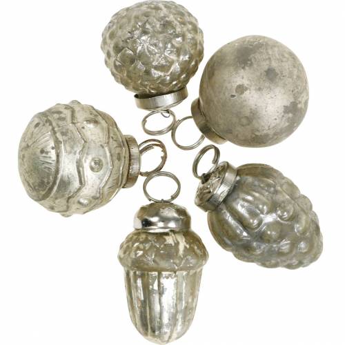 Floristik21 Mini-Baumschmuck Herbstfrüchte und Kugeln Perlmutt, Antik-Silbern Echtglas 3,4–4,4cm 10St