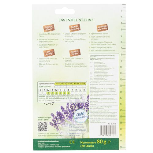 Artikel Langzeit-Düngestäbchen aus mineralischen Nährstoffen für Lavendel und Olivenpflanzen, 20 Stück, Einsatz für Topf- und Kübelpflanzen