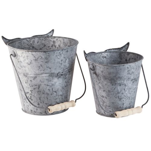 Artikel Zink Deko-Eimer Eule, Set aus 2, Henkel mit Holzgriff, Vielseitiger Übertopf Ø15/19cm