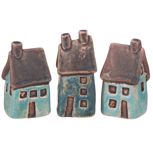 Artikel Deko Keramik Häuschen Blau Braun H6,5/7cm Set 6 Vintage