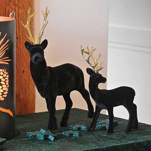 Artikel Deko-Hirsch beflockt Schwarz, Gold 20cm 2 St