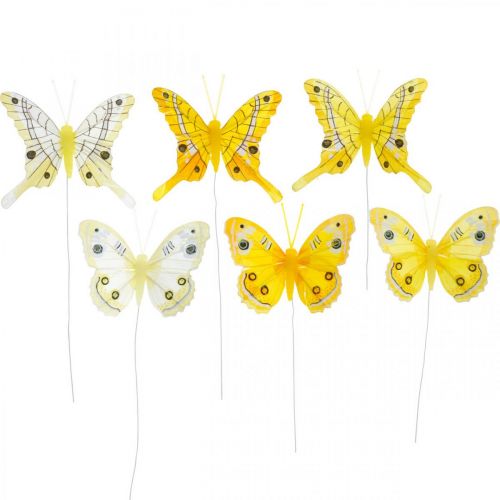 Floristik21 Deko-Schmetterlinge Gelb Federschmetterling am Draht 7,5cm 6St