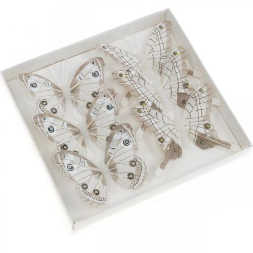 Deko-Schmetterlinge Weiß, Braun Federschmetterling am Draht 7,5cm 6St