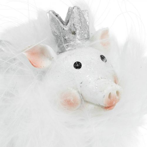 Floristik21 Deko Schwein mit Krone Figur Glücksschwein Weiß 7cm 2St