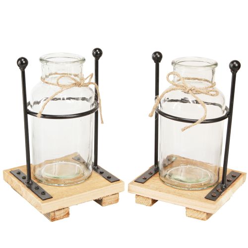 Floristik21 Deko Vasen Glas Flaschenvase auf Holz-Sockel 12×12×20cm Set 4St Vintage Metall