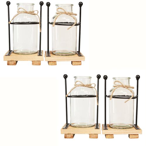Artikel Deko Vasen Glas Flaschenvase auf Holz-Sockel 12×12×20cm Set 4St Vintage Metall