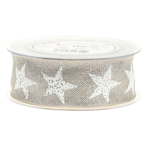 Weihnachtsband mit Sternmuster Natur, Silber 40mm 15m