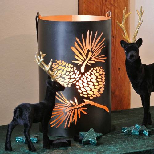 Deko Laterne rund mit Henkel Wald Metall Schwarz, Gold Ø16cm H26cm