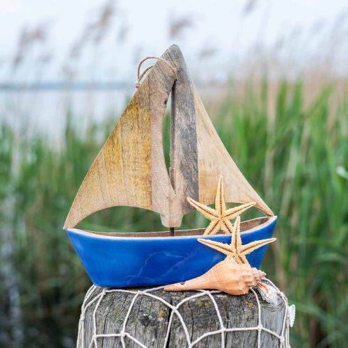 Floristik21 Deko Segelboot Holz Mango, Holzschiff Blau H27,5cm