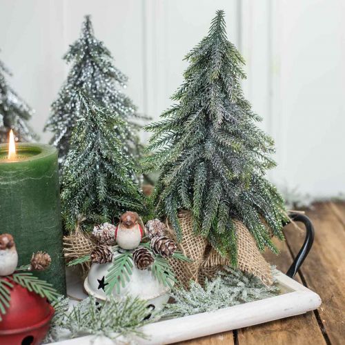 Floristik21 Deko Weihnachtsbaum Mini Tanne Jutesack Glitzer, Grün 26cm