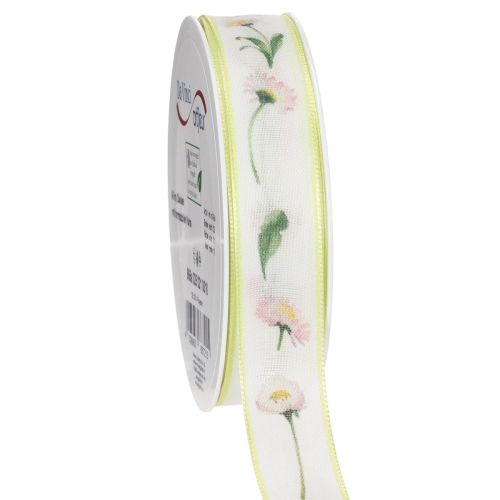 Geschenkband Bellis Blütenmuster Polyester 25mm x 20m Weiß