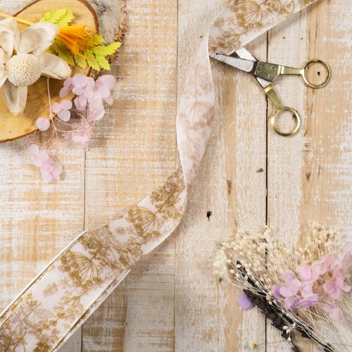 Geschenkband Polyester 40mm 20m Creme Gold Pflanzenmotive für Dekorationen | Floristik21.de