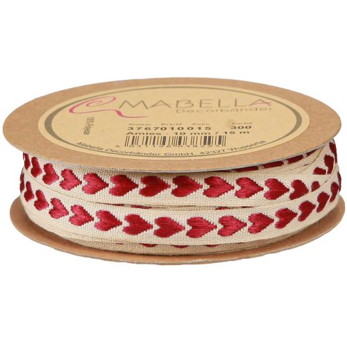Artikel Dekoband mit roten Herzen Geschenkband Beige 10mm 15m