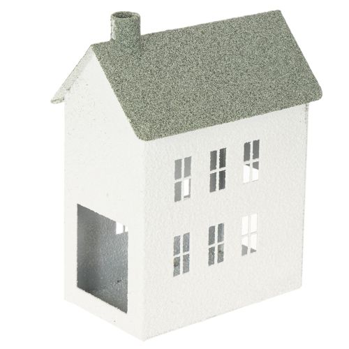 Dekohaus Metall Hausform 22cm Weiß mit Fenstern und Schornstein