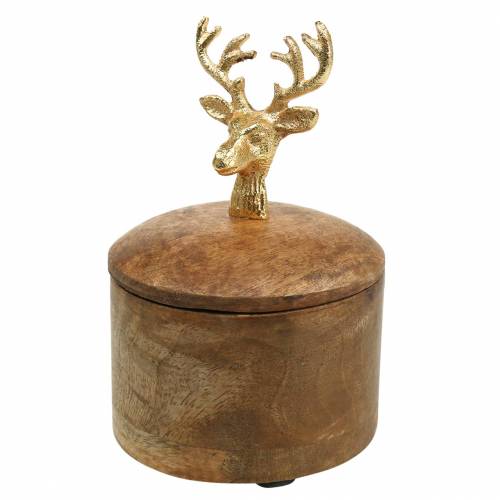 Dose Mango-Holz mit Hirschkopf Golden Ø10cm H15cm Dose Mango-Holz mit Hirschkopf Golden Ø10cm H15cm