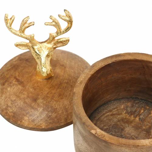Dose Mango-Holz mit Hirschkopf Golden Ø10cm H15cm