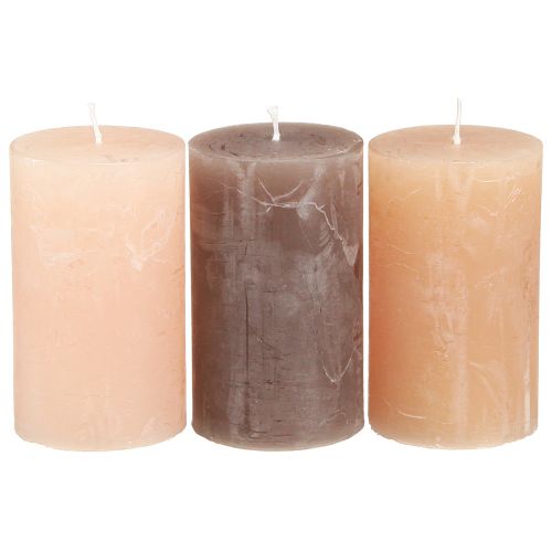 Artikel Durchgefärbte Stumpenkerzen 3-Farben-Set Braun, Apricot, Sand 60×100mm, 12er Pack