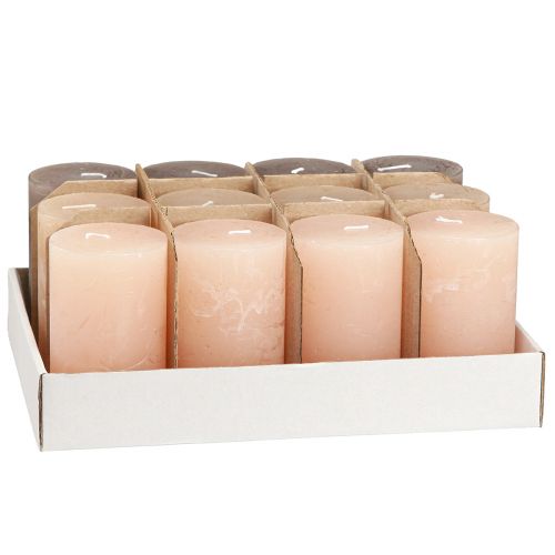 Artikel Durchgefärbte Stumpenkerzen 3-Farben-Set Braun, Apricot, Sand 60×100mm, 12er Pack