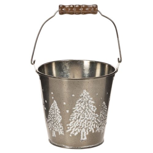 Deko Metalleimer Zink 13 cm mit Tannenmotiv und Holzgriff für Innenbereich