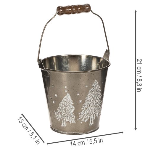 Deko Metalleimer Zink 13 cm mit Tannenmotiv und Holzgriff für Innenbereich | Floristik21.de
