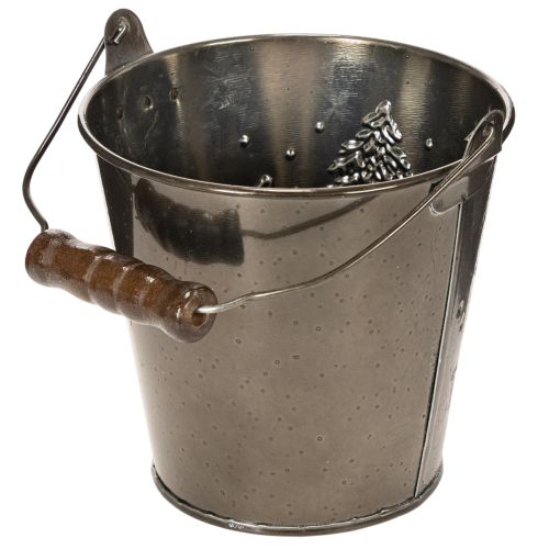 Deko Metalleimer Zink 13 cm mit Tannenmotiv und Holzgriff für Innenbereich | Floristik21.de