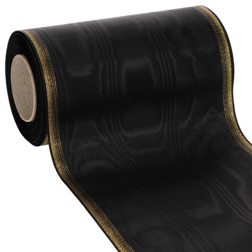 Elegantes Kranzband Moiré 175mm Schwarz mit Perlkante und Taftbindung, Dekoband Trauerfloristik, Schleifenband 25m