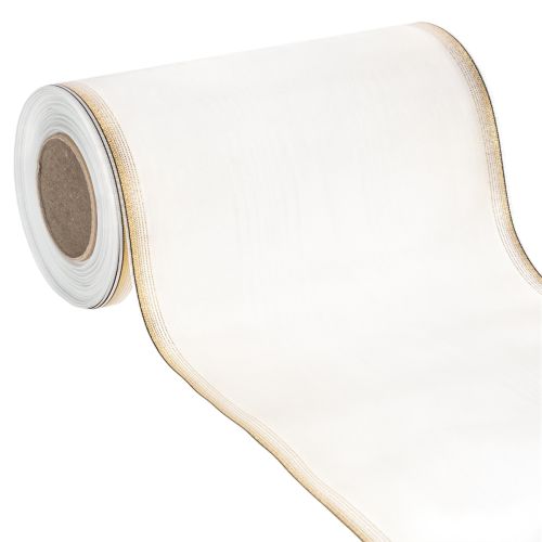 Floristik21 Elegantes Kranzband Moiré 200mm Weiß mit Perlkante in Gold und Spezialappretur, 25m - Perfekt für Deko & Festlichkeiten