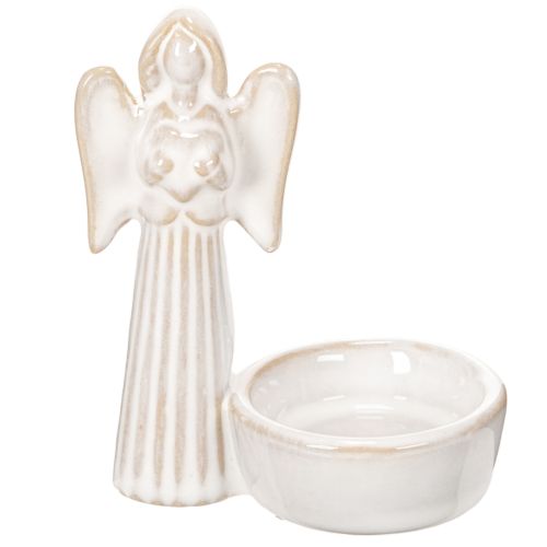 Engel Figur mit Schale und rundem Teelichthalter, 10 cm, 3er Set, Keramik, weiß