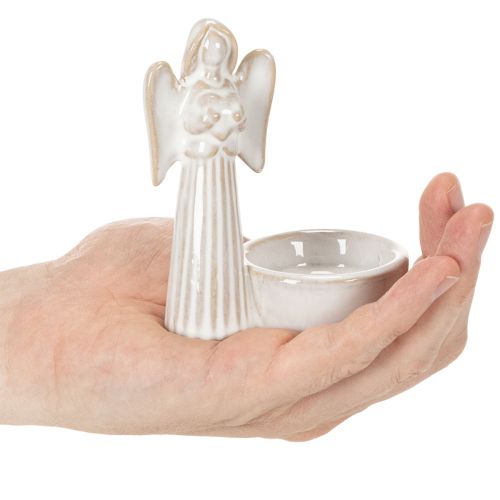 Engel Figur mit Schale und rundem Teelichthalter, 10 cm, 3er Set, Keramik, weiß | Floristik21.de