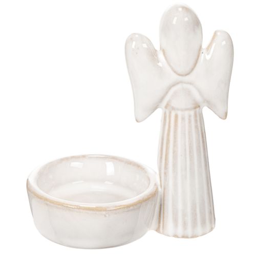 Engel Figur mit Schale und rundem Teelichthalter, 10 cm, 3er Set, Keramik, weiß | Floristik21.de