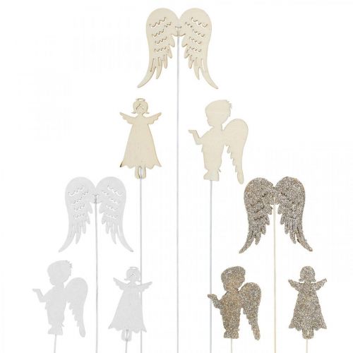 Adventstecker Engel, Flügel zum Stecken, Holzengel, Weihnachtsdeko Natur, Weiß, Goldglitter 18St