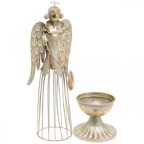 Engelfigur mit Herz, Weihnachtsdeko aus Metall, Deko Engel Antik-Golden H38cm