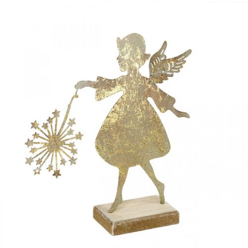 Floristik21 Dekoengel mit Pusteblume, Adventsdeko aus Metall, Weihnachtsengel Golden Antik-Optik H21cm