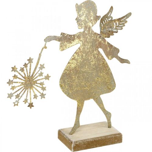 Engel mit Pusteblume, Metalldeko für Weihnachten, Dekofigur Advent Golden Antik-Optik H27,5cm