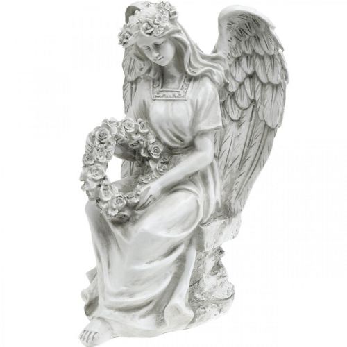 Floristik21 Grabengel mit Kranz Weiblicher Engel sitzend H32cm