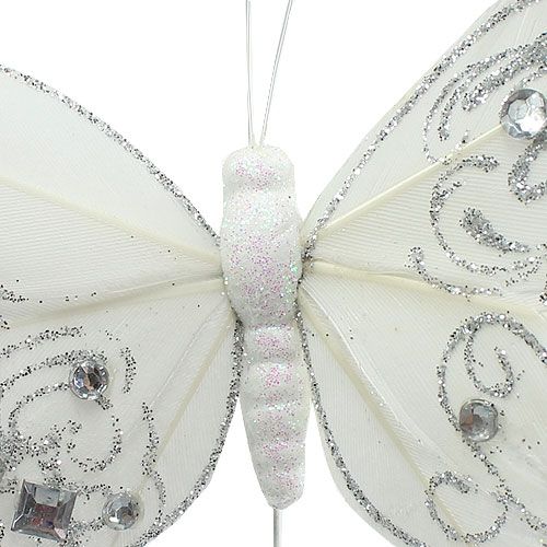 Artikel Federschmetterling mit Strass, Glitter Weiß 10,5cm 4St