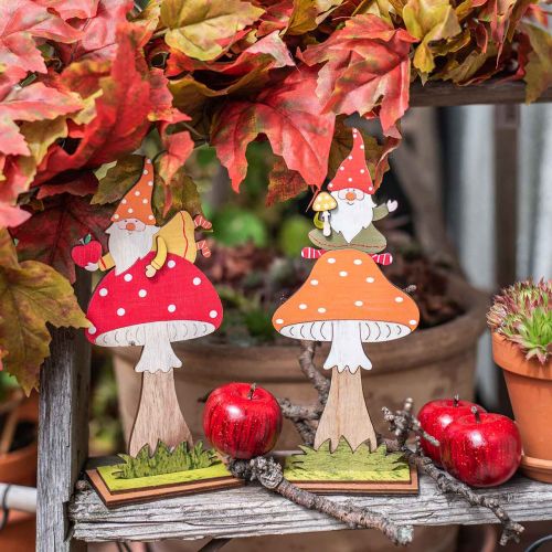 Artikel Fliegenpilz für den Herbst, Holzdeko, Wichtel auf Pilz Orange/Rot H21/19,5cm 4St