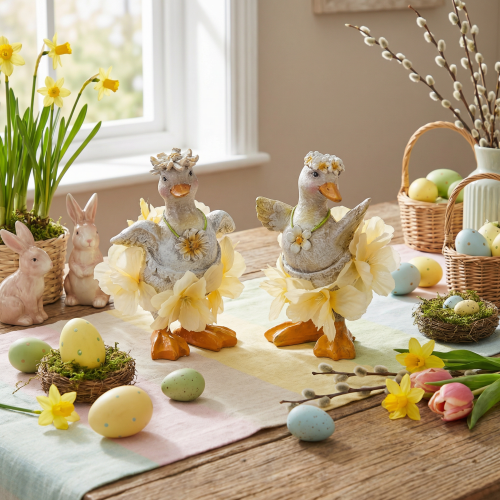 Artikel Dekofigur Enten mit Blüten 11cm für Indoor- und geschützte Außendekoration 2er Set