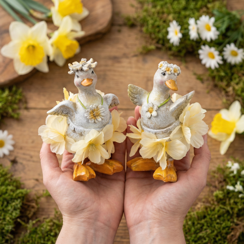 Artikel Dekofigur Enten mit Blüten 11cm für Indoor- und geschützte Außendekoration 2er Set