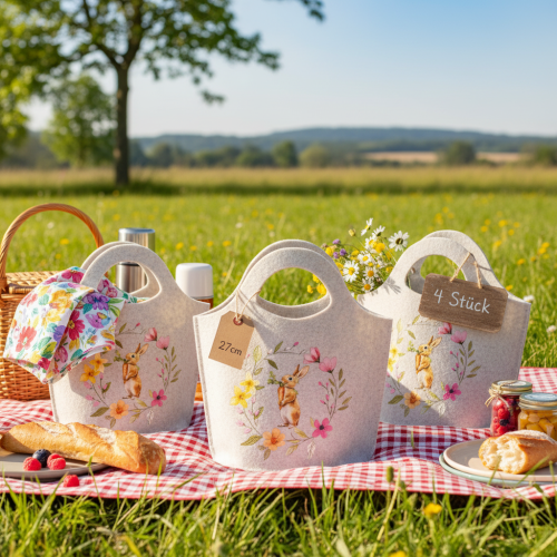 Artikel Filztasche mit Osterhasen-Motiv und Blumen für Frühling und Ostern 27 cm 4er-Set