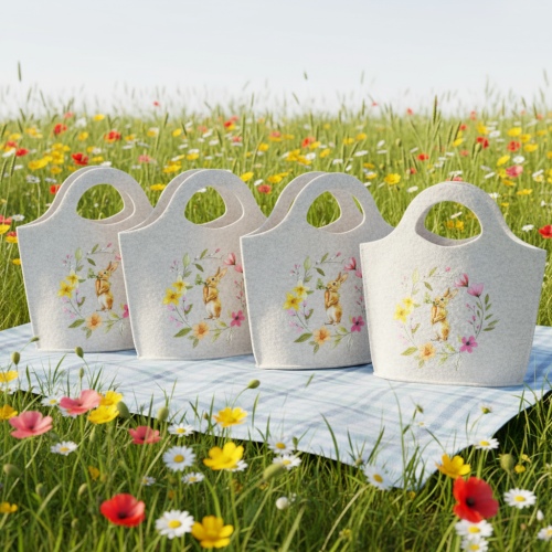 Artikel Filztasche mit Osterhasen-Motiv und Blumen für Frühling und Ostern 27 cm 4er-Set