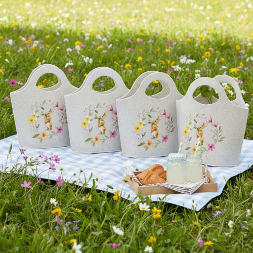 Artikel Filztasche mit Osterhasen-Motiv und Blumen für Frühling und Ostern 27 cm 4er-Set