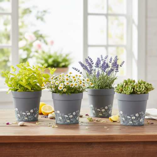 Artikel Grauer Blumentopf mit Blumenmuster aus Metall 13cm im 4er-Set