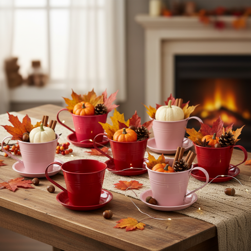 Artikel Deko-Tassen aus Metall mit Untersetzern für kreative Bepflanzung, Set à 6 Stück, rosa, 11 cm