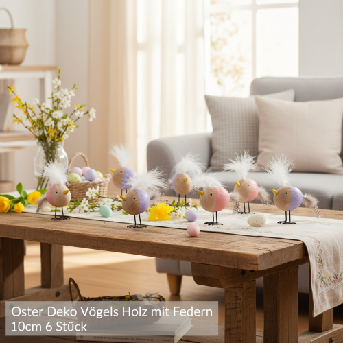 Artikel Deko Holzvögel mit Federn in Lila und Rosa für Tisch- und Frühjahrsdekoration, 10 cm, 6er-Set