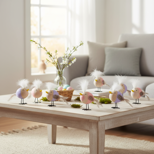Artikel Deko Holzvögel mit Federn in Lila und Rosa für Tisch- und Frühjahrsdekoration, 10 cm, 6er-Set