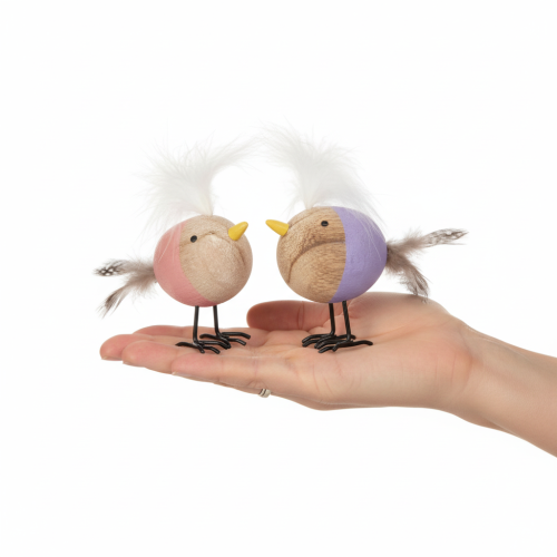 Artikel Deko Holzvögel mit Federn in Lila und Rosa für Tisch- und Frühjahrsdekoration, 10 cm, 6er-Set